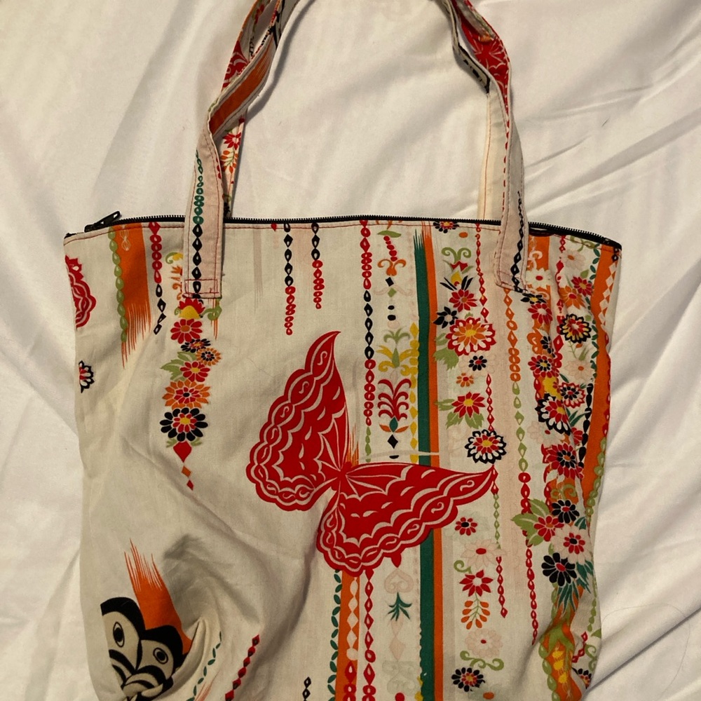 Love Shine NY vintage Red and Orange Tote Bag with Butterfly and Floral Design